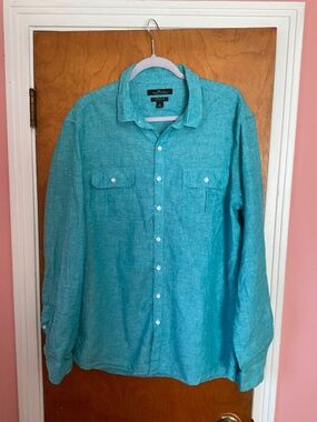 Marc Anthony Teal Blue Linen Cotton Shirt Men’s Sz XL Button Front Collared